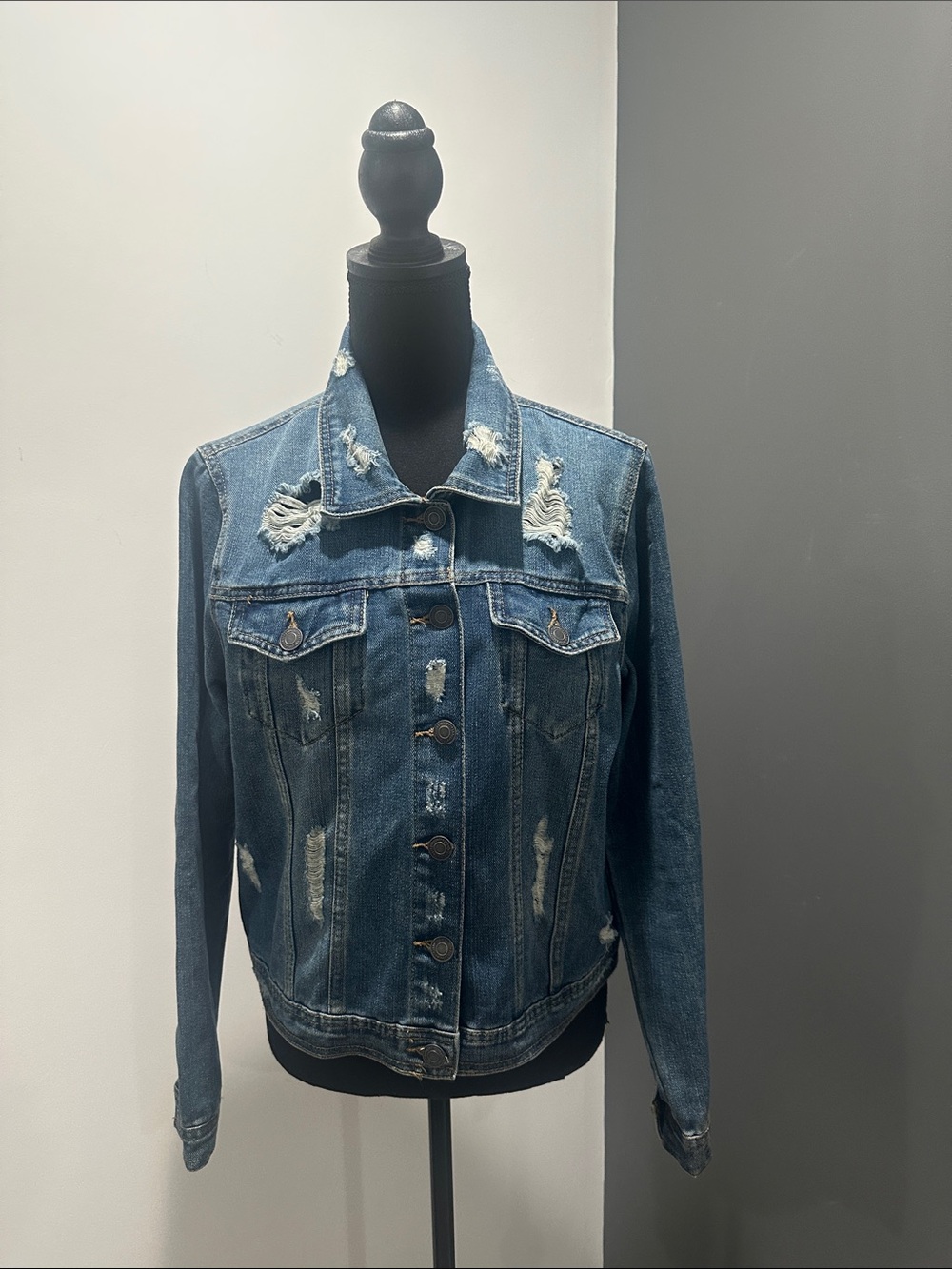 Classic Distressed Blue Denim Jacket - Women